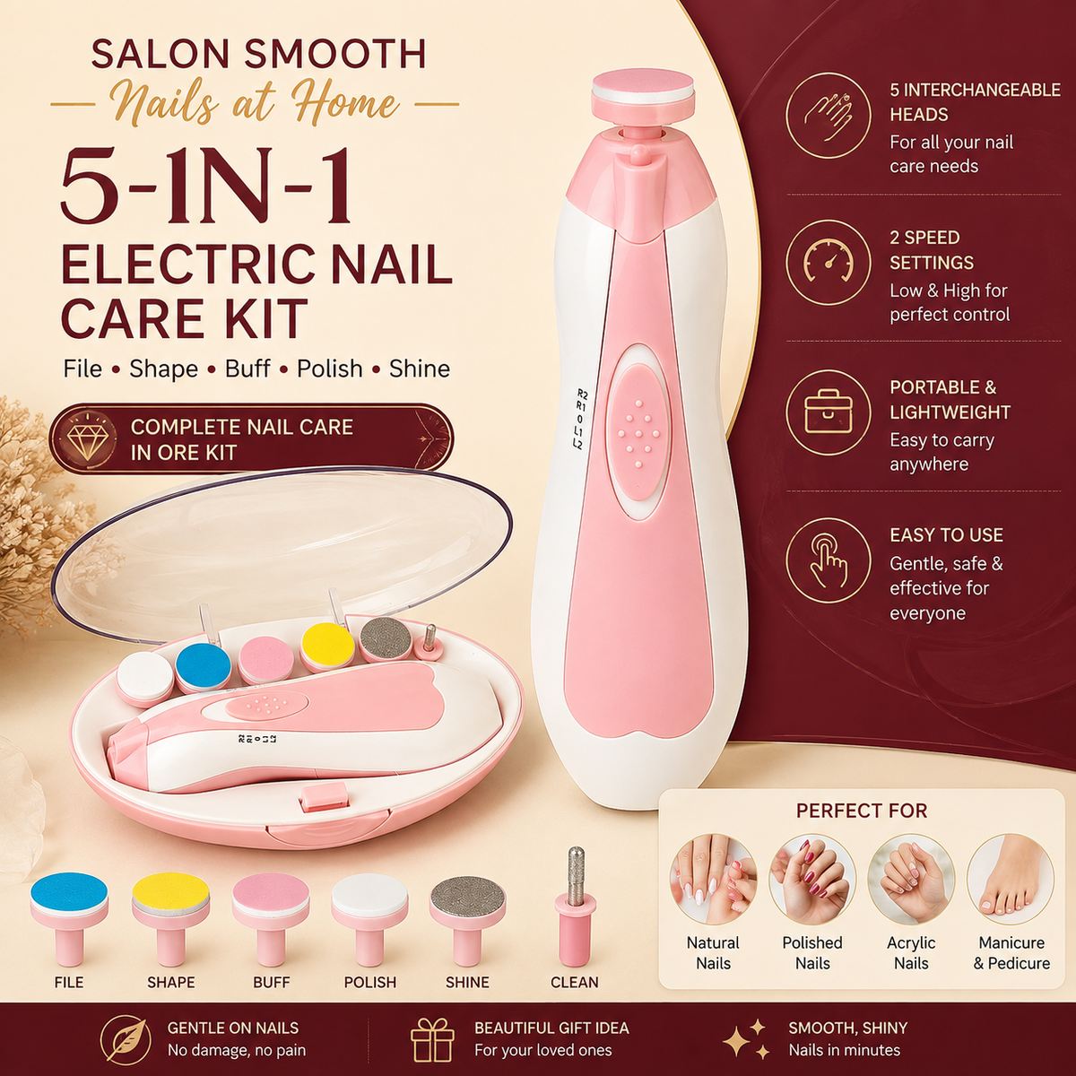 NailNest™ Baby Nail Care System | Whisper-Quiet Electric Nail Trimmer with LED Light | Safe Nail Filing Kit for Newborns, Toddlers & Kids | 6 Gentle Grinding Pads