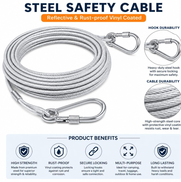 Stainless Steel Wire Rope Clothesline 10 Meter With Hooks