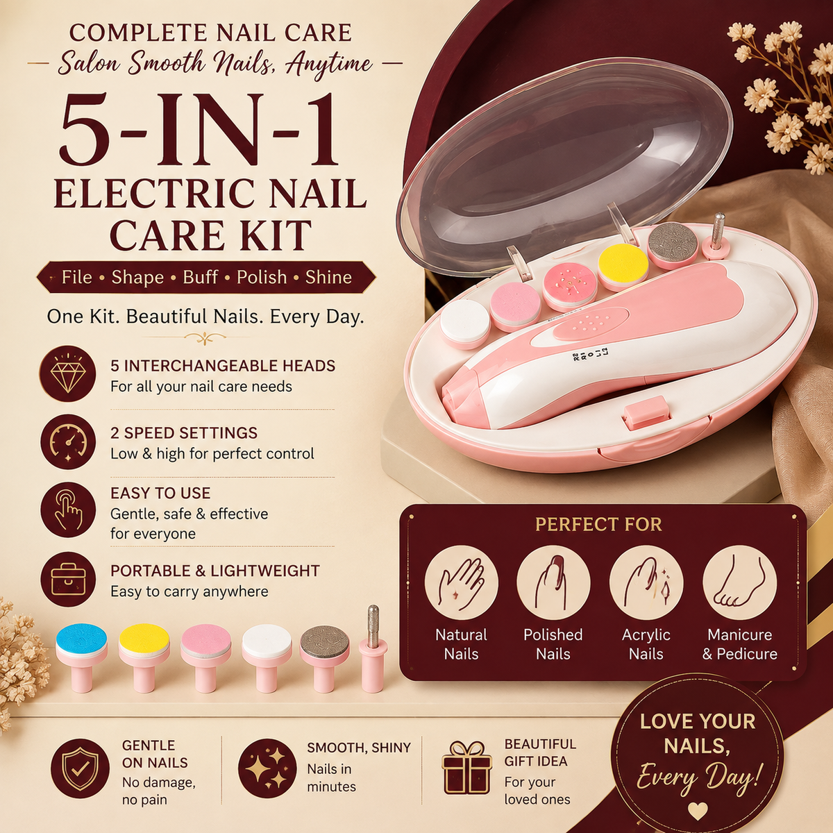 NailNest™ Baby Nail Care System | Whisper-Quiet Electric Nail Trimmer with LED Light | Safe Nail Filing Kit for Newborns, Toddlers &amp; Kids | 6 Gentle Grinding Pads