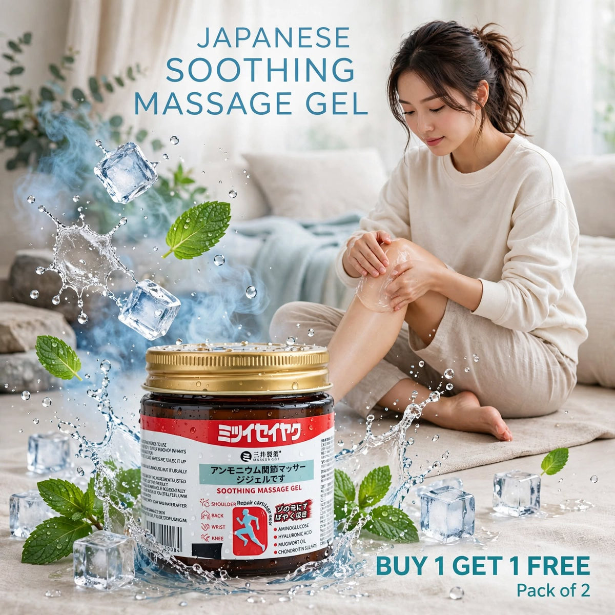 Japanese Soothing Cooling Massage Gel - Refreshing Daily Massage Ritual | Buy 1 Get 1 FREE - Pack of 2 | With Aminoglucose, Hyaluronic Acid & Mugwort Oil | For Shoulder, Back, Wrist, Knee & Ankle Massage